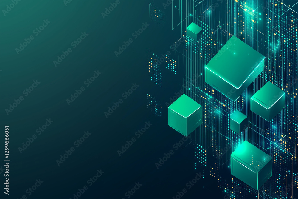 Aufkleber futuristic green cubes with sparkles on a dark background in square vector graphic design