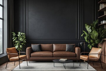 Dark living room with leather sofa, armchairs, and plants.