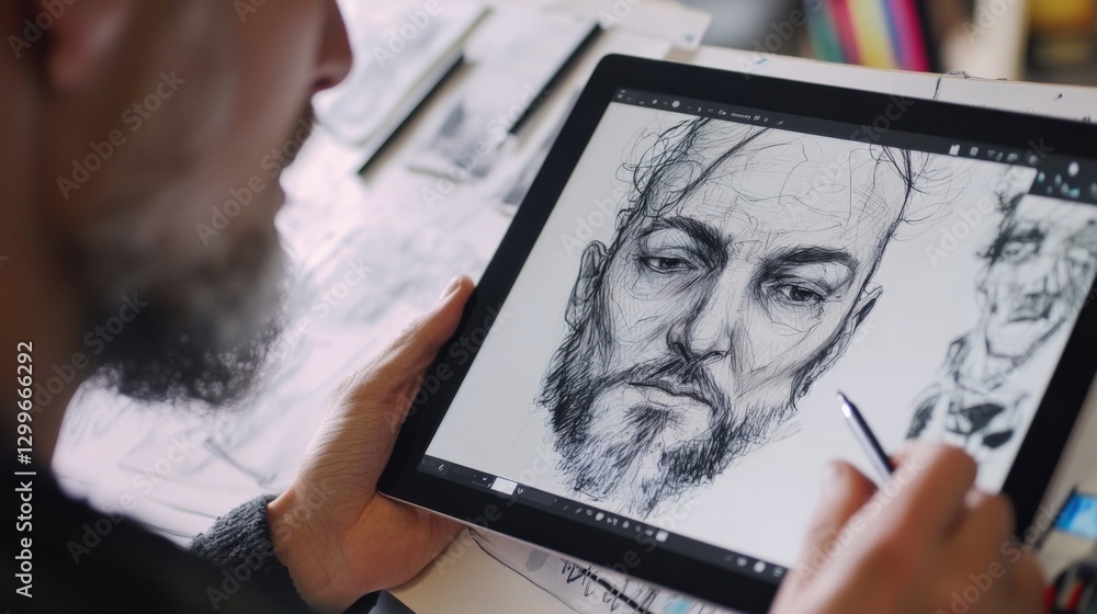 Poster illustrator working on a portrait using a digital tablet and stylus, showcasing the process of digit