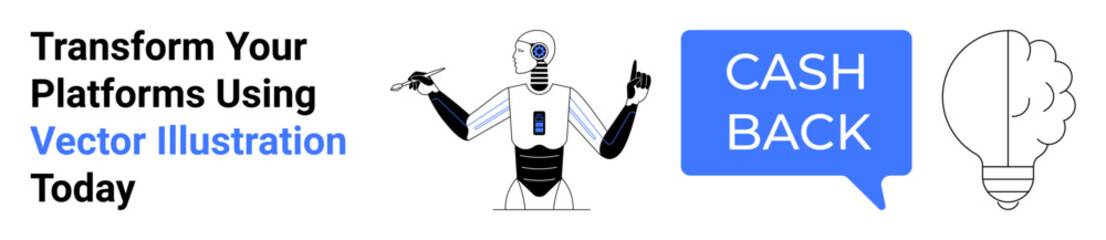 AI robot gesturing with pen, blue CASH BACK speech bubble, and a lightbulb symbolizing innovation. Ideal for fintech, AI tech, business services, cashback offers, marketing campaigns, modern