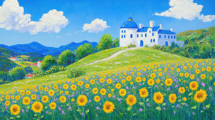 Sunflower Field Embracing Blue Castle, Serene Daylight, Artistic Impressionist Style Oil Painting