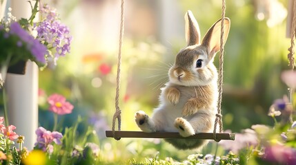 A playful rabbit sitting on a wooden swing surrounded by vibrant flowers in a sunny garden, creating a joyful and serene atmosphere