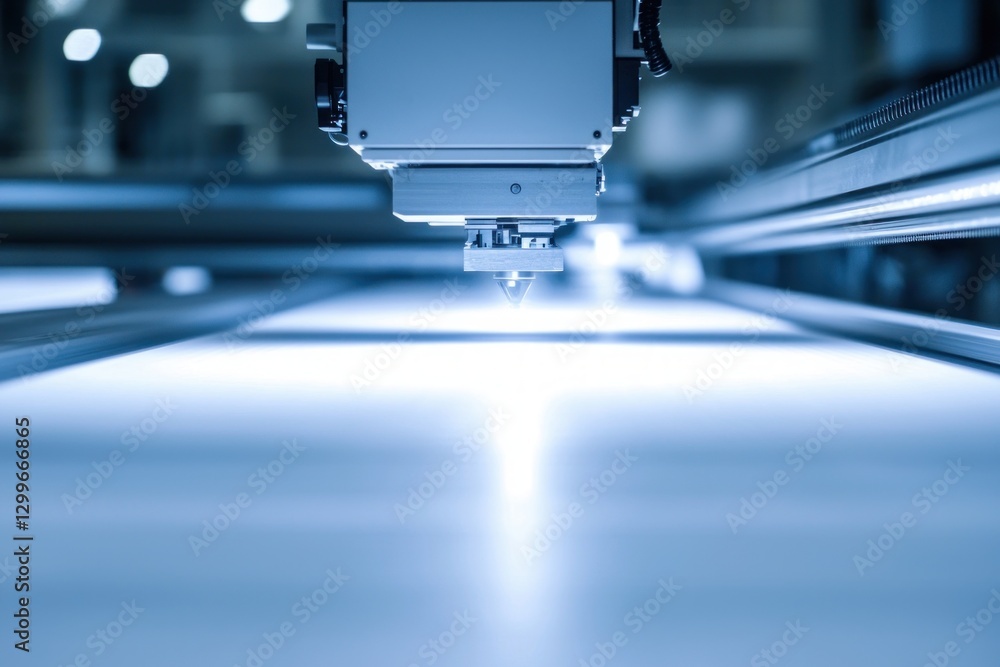Poster precise laser cutting system illuminating path for industrial process in serene futuristic setting