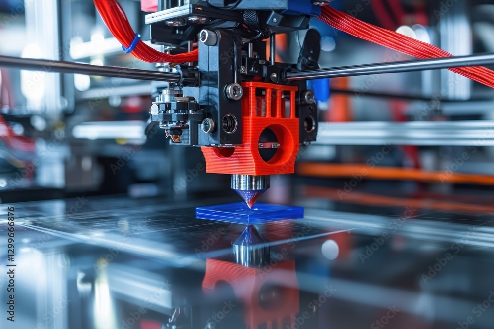 Poster close up of innovative technology 3d printer mechanism creating product with blue square filament