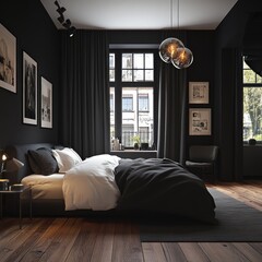 Dark modern bedroom with large window, hardwood floors, and black accents.