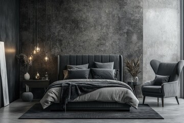 Dark moody bedroom interior with bed, chair, and textured wall.