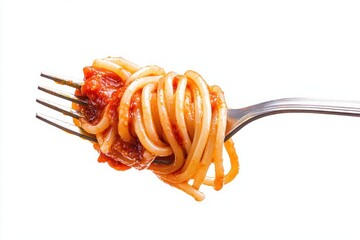 Delicious spaghetti twirled on a fork with savory tomato sauce a mouthwatering close up in bright studio light