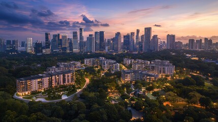 Fototapeta premium Captivating metropolis scene with towering buildings nestled between lush green trees during dawn serene cityscape