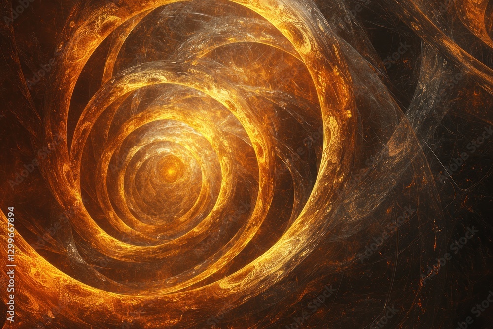 Poster fiery abstract fractal spiral design with golden rings glowing center creating a swirling motion gra