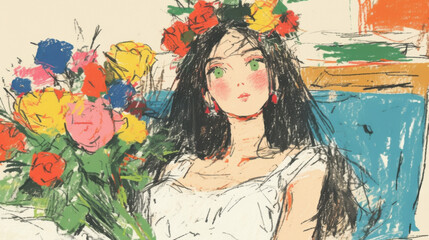 A beautiful girl with long hair, holding a large bouquet of roses in a selfie, the background is simple and the light is soft.high detail.