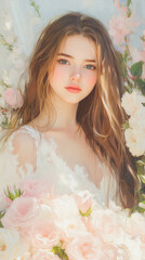 A beautiful girl with long hair, holding a large bouquet of roses in a selfie, the background is simple and the light is soft.high detail