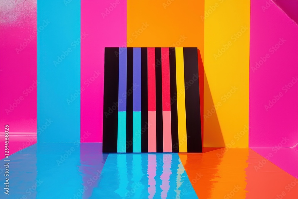 Poster abstract composition showcasing vibrant colorful vertical stripes with reflective surfaces and dynam