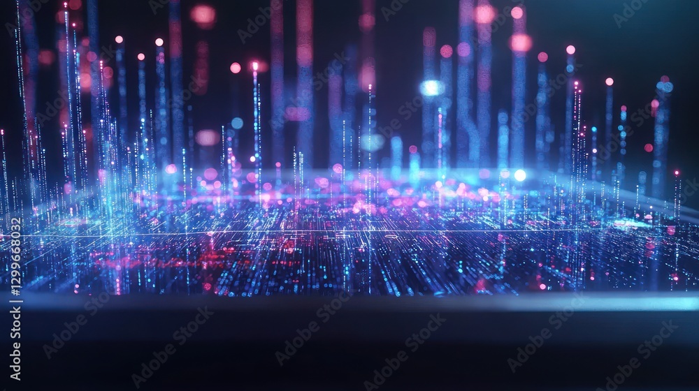 Poster futuristic data landscape digital circuit board neon lights glowing lines data network structure