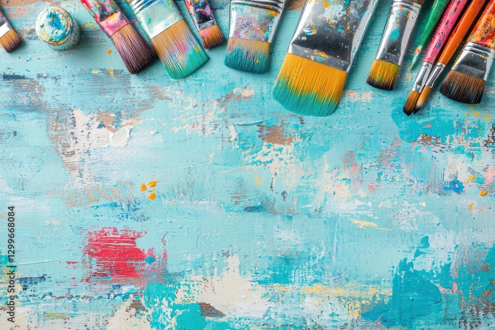 Poster artistic arrangement of paintbrushes and turquoise backdrop creating an expressionist visual impact 