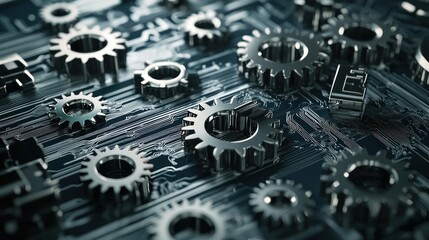 Fototapeta premium Shiny silver gears intricately placed on a complex electronic circuit board for innovation