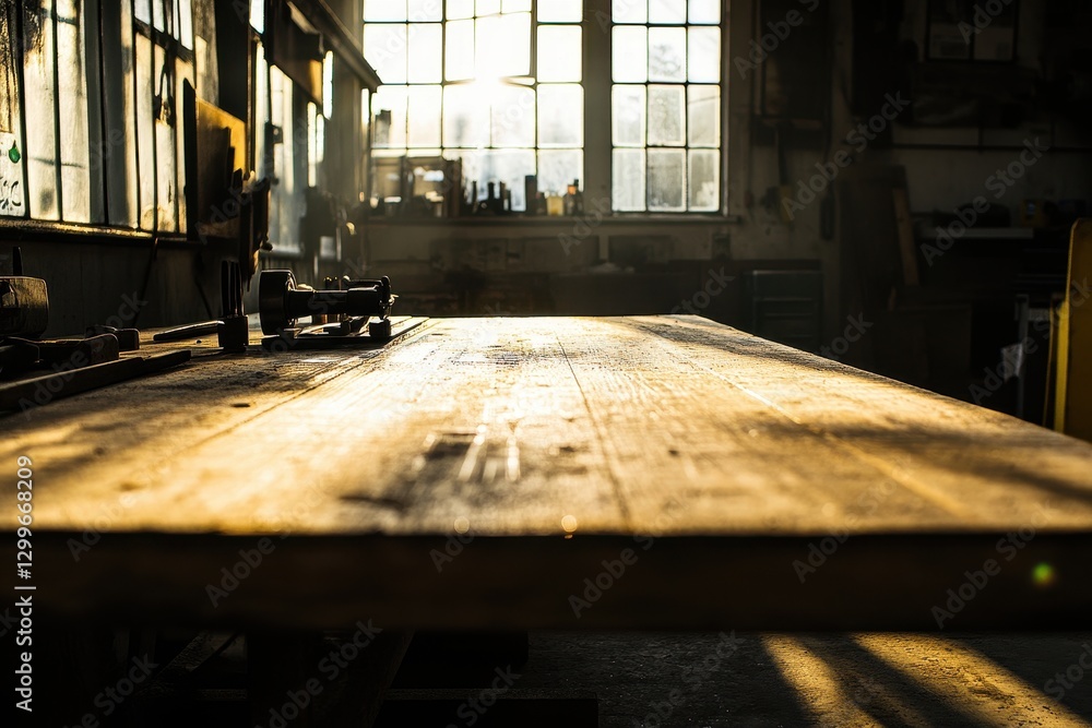 Poster sunlight casting shadows on wooden table in workshop environment