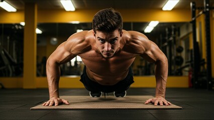 Focused gym push-up training effort