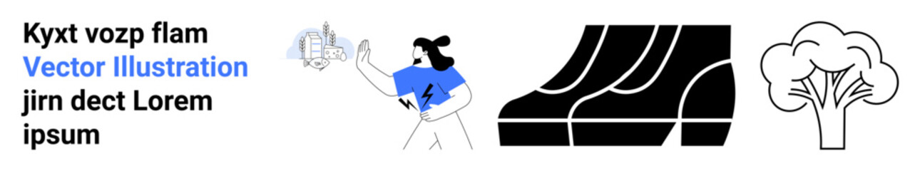 Female character pointing to a futuristic city design with industrial structures and a tree symbolizing urbanization, technology, and sustainability. Ideal for architecture, technology, environment