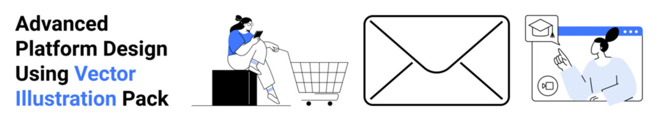 Young woman browsing phone by shopping cart, envelope symbolizing email, and person interacting with online education platform. Ideal for e-commerce, communication tools, education, marketing, UIUX