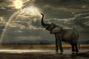 Obraz premium Massive Elephant Spraying Water into Air Under Midday Sun