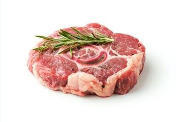 Fototapeta premium Studio close up of fresh raw lamb steak shank with rosemary on a white background culinary style