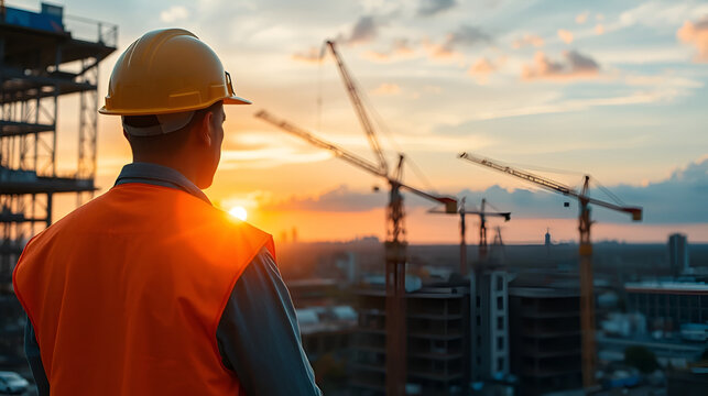 Construction Worker in Safety Vest Observing Sunset Overbuilding Site with Cranes, Inspiring Industrial Landscape and Urban Development Vision