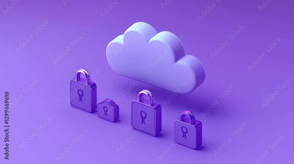 Poster conceptual cloud security illustrating online data protection with cloud and lock in isometric monoc