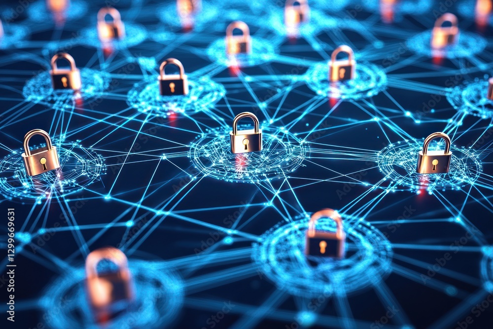 Poster bronze locks arranged on a blue neon network representing digital data security and protection for o