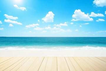 Obraz premium Beautiful beach with white sand in sunny summer day. Turquoise ocean water and blue sky with clouds . Natural background for summer vacation, soft focus, space for text