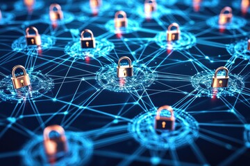 Bronze locks arranged on a blue neon network representing digital data security and protection for online systems