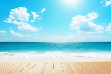 Fototapeta premium Beautiful beach with white sand in sunny summer day. Turquoise ocean water and blue sky with clouds . Natural background for summer vacation, soft focus, space for text