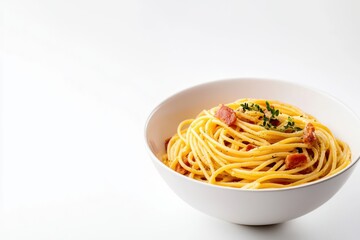 Delicious spaghetti carbonara served in a white bowl against a bright backdrop adding culinary appeal and modern simplicity