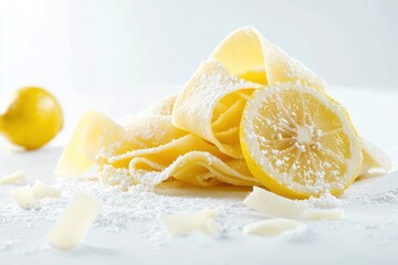 Elegant Pasta Ribbons with Sliced Lemon and Icing Sugar on White Backdrop Food Styling for Culinary Website