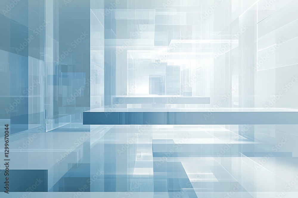 Poster luminous abstract architectural interior design with complex rectilinear formations and subtle blue 