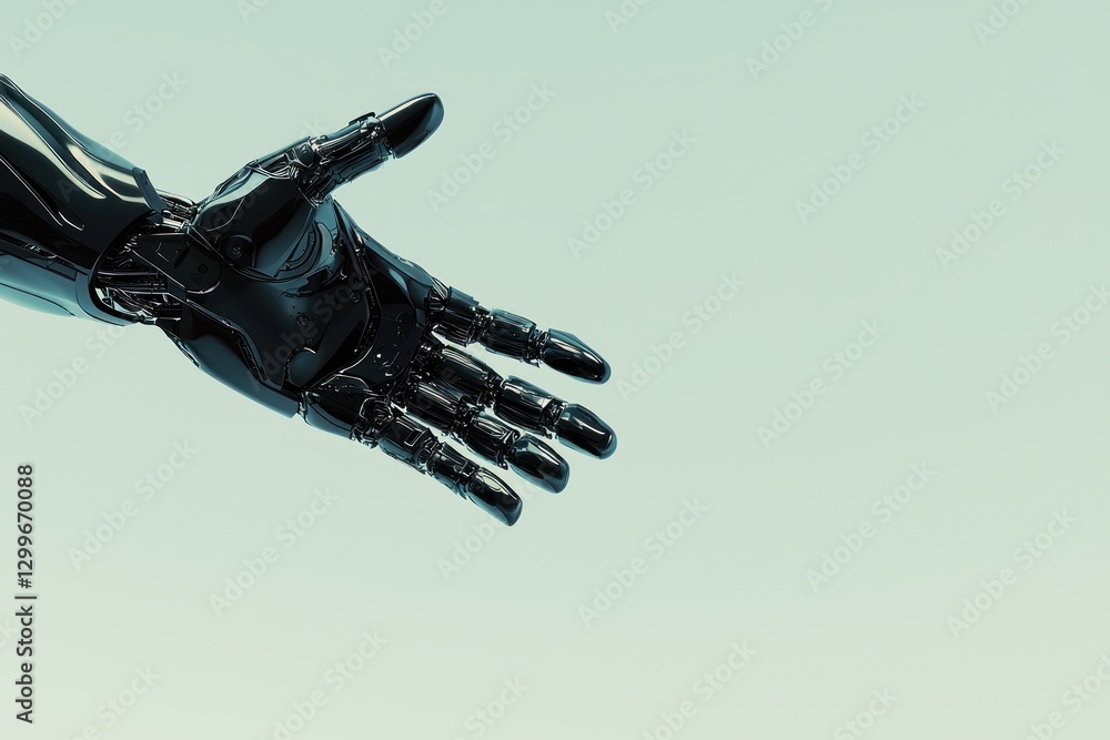 Poster sleek robotic hand offering a digital connection in a futuristic realm of technological innovation