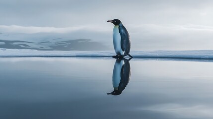 A solitary Emperor penguin standing on a reflective icy surface in a serene, foggy environment with muted colors and soft light, evoking a tranquil and isolated atmosphere