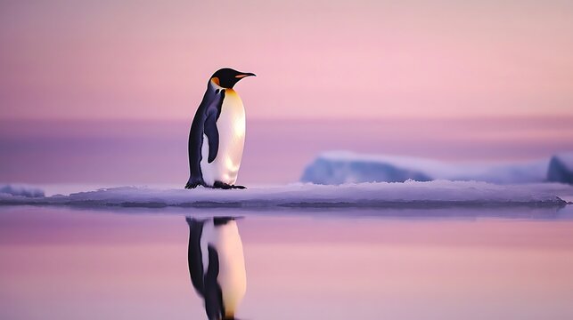 A solitary emperor penguin standing on a reflective icy surface against a pastel sunset sky, creating a serene and tranquil atmosphere - Powered by Adobe
