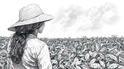 Woman farmer gazing at tobacco field, cloudy sky