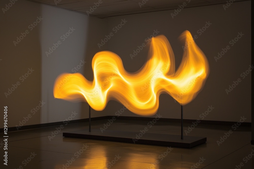 Poster abstract light painting suspended on stands in a gallery creating dynamic and fiery visual effect ar