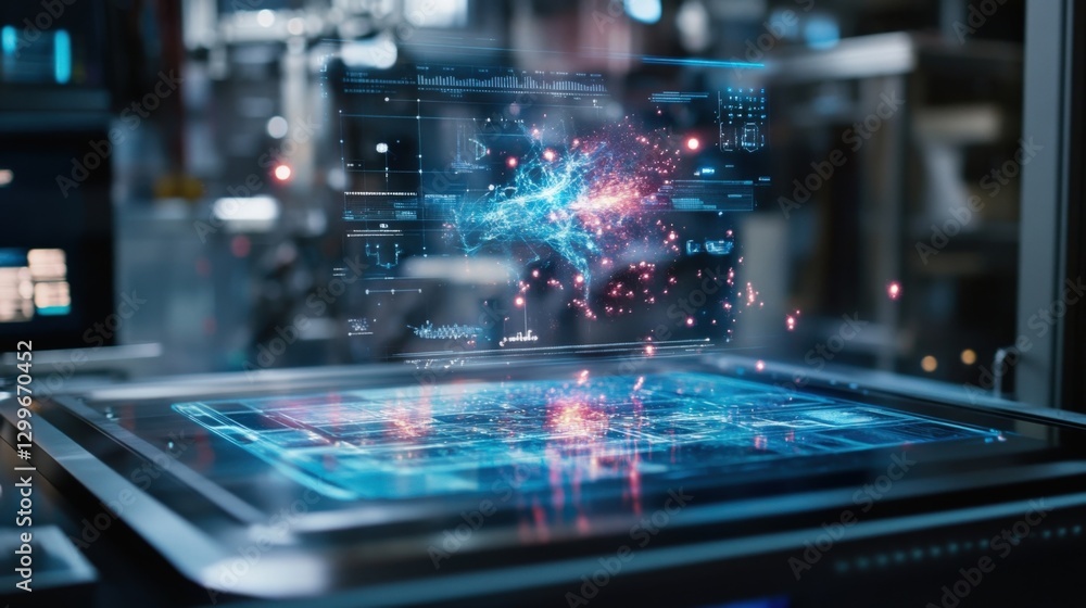 Poster holographic projection showcasing intricate data analysis and visualization in a modern technologica