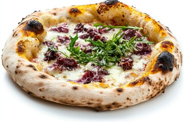 Delicious pizza with fresh arugula and cooked bresaola on white table gourmet italian cuisine