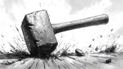Stone hammer impact, ground, debris, sketch, power, construction, illustration, background
