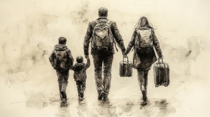 Family travel, sepia artwork, journey, migration, hope