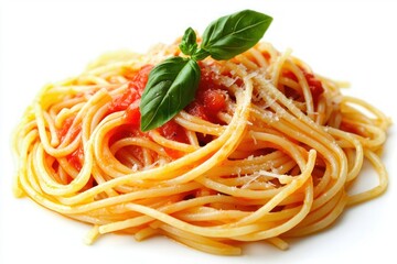 Close up studio shot of delicious Italian spaghetti with tomato sauce basil and parmesan cheese