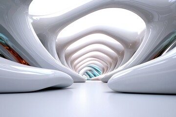 Obraz premium Abstract White Architecture Interior Smooth Curved Tunnel Perspective Contemporary Minimalist Design Modern Structure