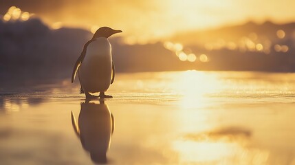 A solitary penguin standing on a wet, reflective surface as the sun sets in the background, creating a warm golden glow on the scene