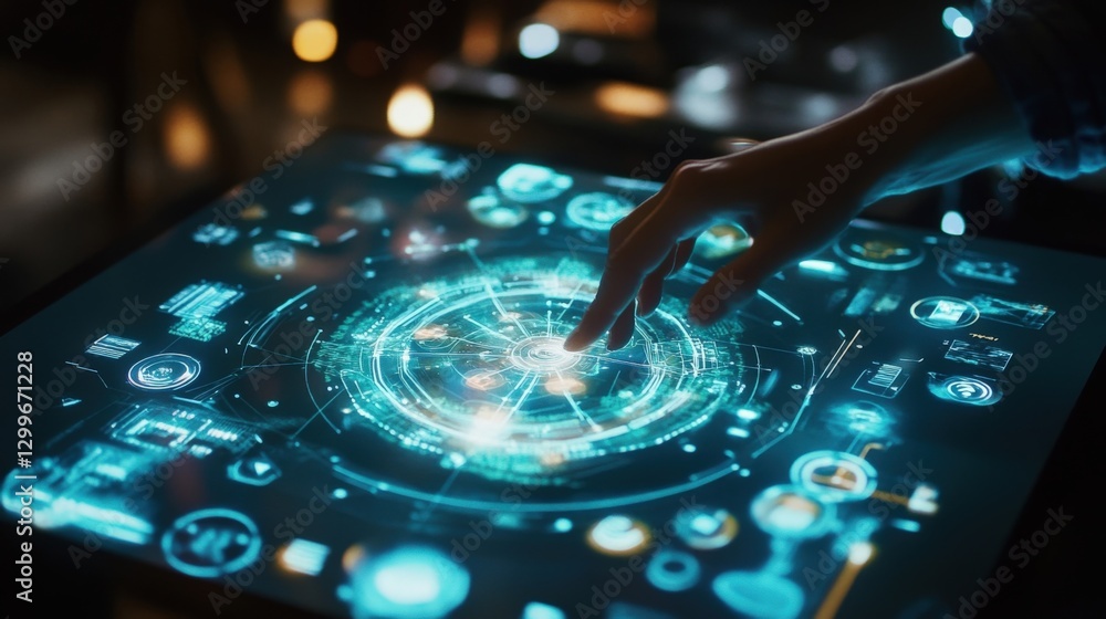 Poster hand interacting with holographic control panel displaying various data and information, showcasing 