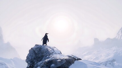A solitary penguin standing on a rocky outcrop in a snowy landscape beneath a bright sun, creating a serene and majestic atmosphere in the frozen wilderness