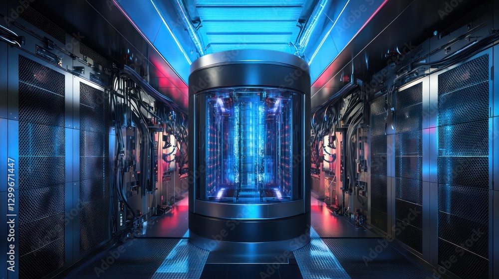 Poster quantum computer core in laboratory dark setting with blue and red lighting for scientific research