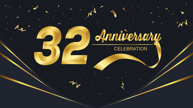 A luxurious 32th anniversary celebration design featuring bold golden typography, ribbons, and shimmering confetti on a sleek black background for a festive, elegant occasion.	
